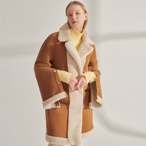 Womens Elegant Shearling Leather Long Coat