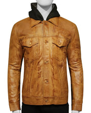 Load image into Gallery viewer, Mens Light Brown Hooded Moto Leather Jacket
