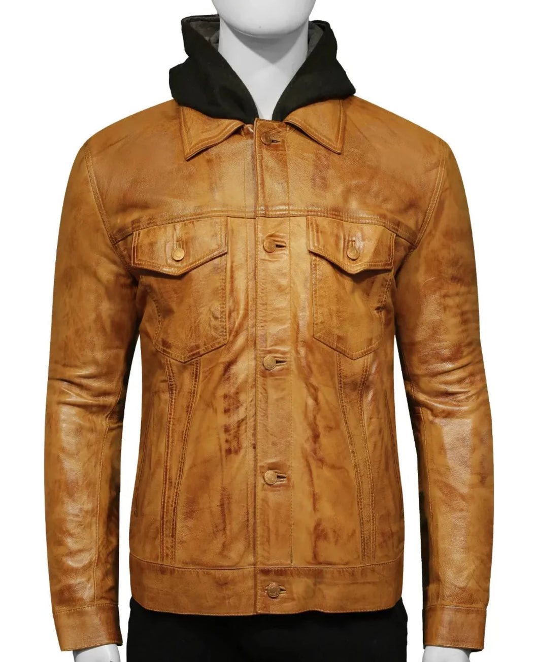 Mens Light Brown Hooded Moto Leather Jacket