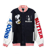 Load image into Gallery viewer, Snoopy Butter Black and White Letterman Varsity Jacket

