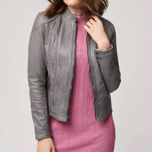 Load image into Gallery viewer, Womens Lambskin Moto Grey Leather Jacket
