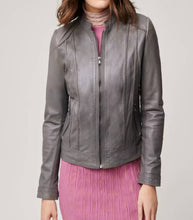 Load image into Gallery viewer, Womens Lambskin Moto Grey Leather Jacket
