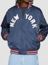 Load image into Gallery viewer, Mens Newyork Varsity Satin Navy Blue Jacket
