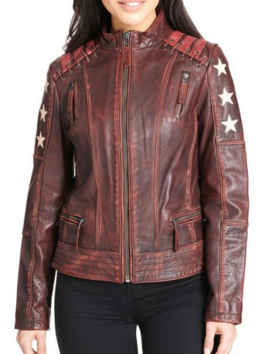Women's Motorcycle Stars and Stripes Distressed Brown Leather Jacket