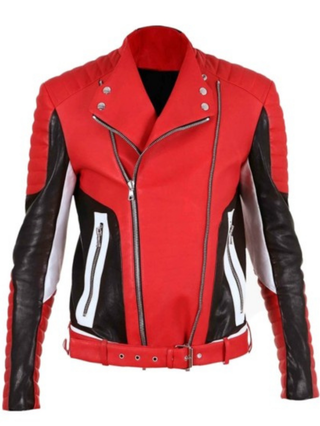 Men's Quilted Asymmetrical Belted Red Leather Biker Jacket