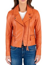 Load image into Gallery viewer, Women&#39;s Asymmetrical Motorcycle Orange Leather Biker Jacket

