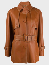 Load image into Gallery viewer, Women’s Stylish Brown Belted Leather Coat
