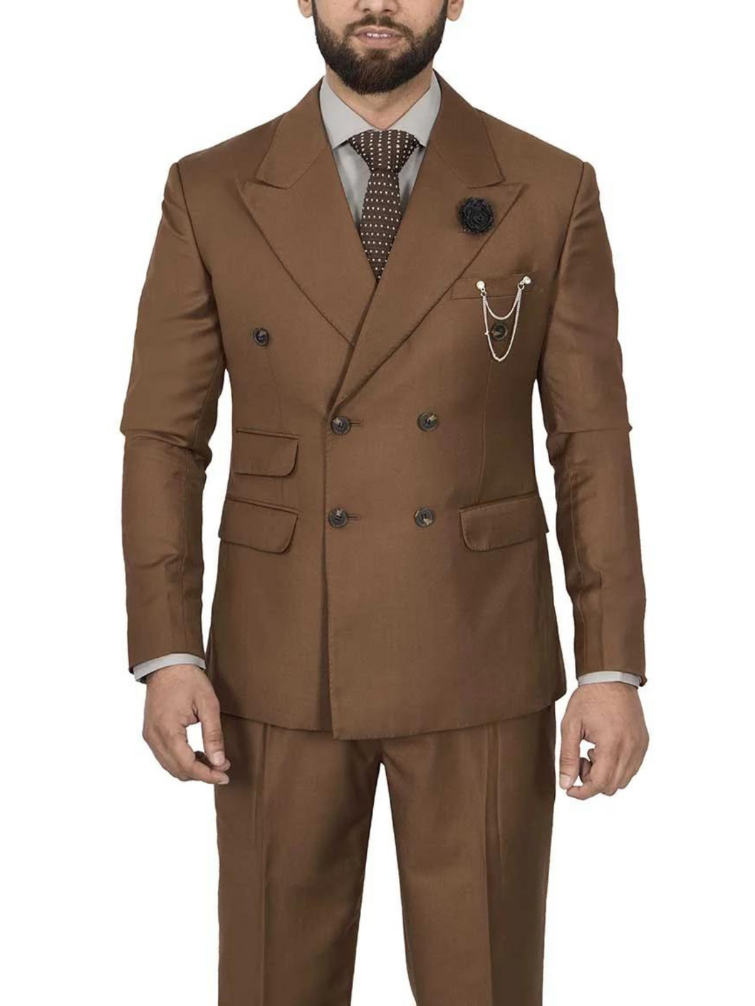 Mens Double Breasted Two Piece Brown Cotton Suit