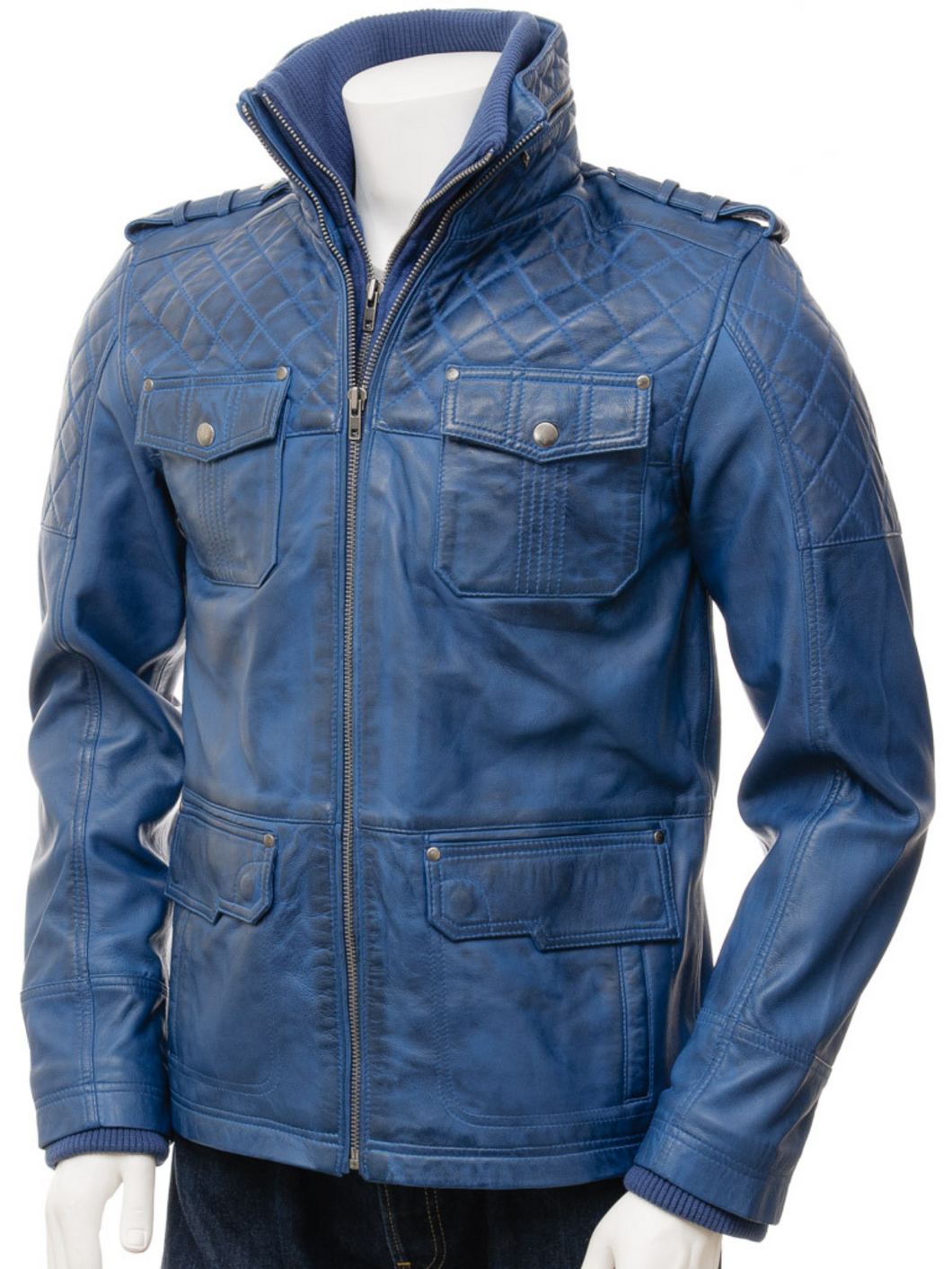 Men Blue Leather Biker Jacket