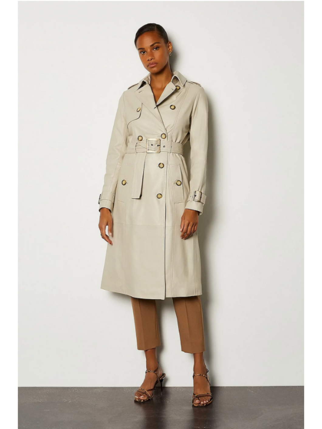 Womens Stylish Beige Leather Trench Coat