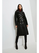 Load image into Gallery viewer, Womens Black Leather Trench Coat With Golden Buttons
