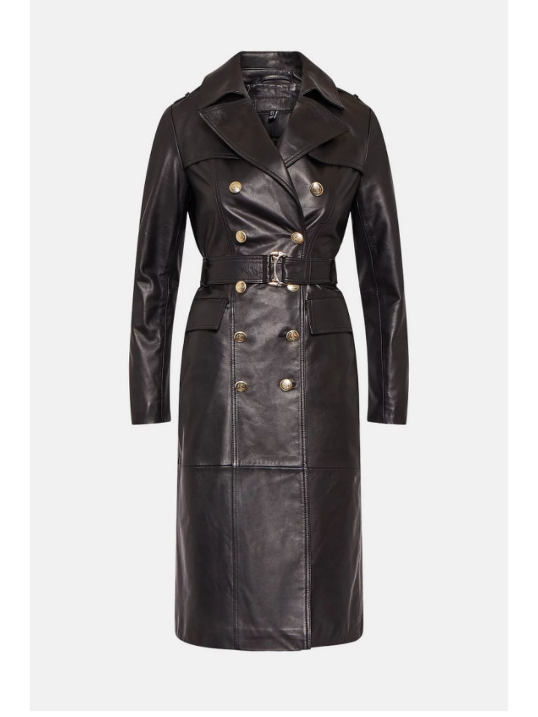 Womens Black Leather Trench Coat With Golden Buttons
