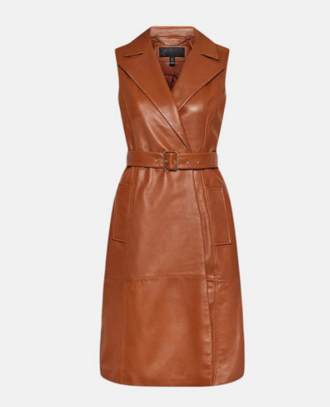 Womens Sleeveless Tan Brown Leather Trench Coat