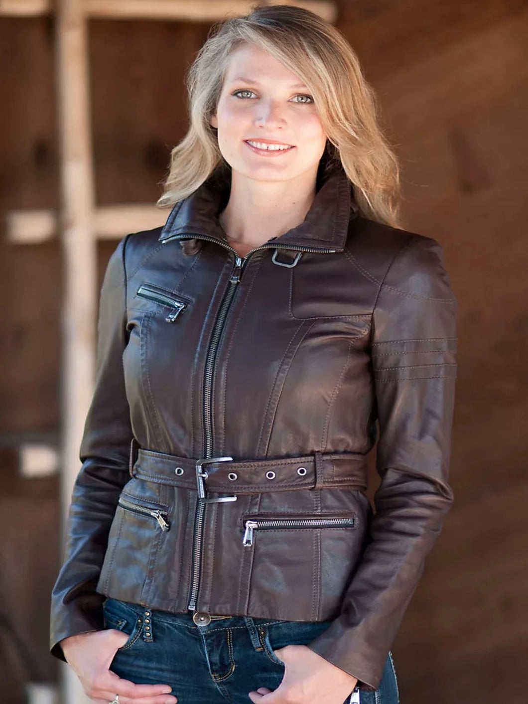 Womens Glamorous Body Fitted Brown Leather Jacket