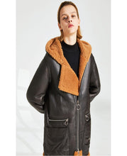 Load image into Gallery viewer, Womens Black Shearling Coat with Warm Hooded
