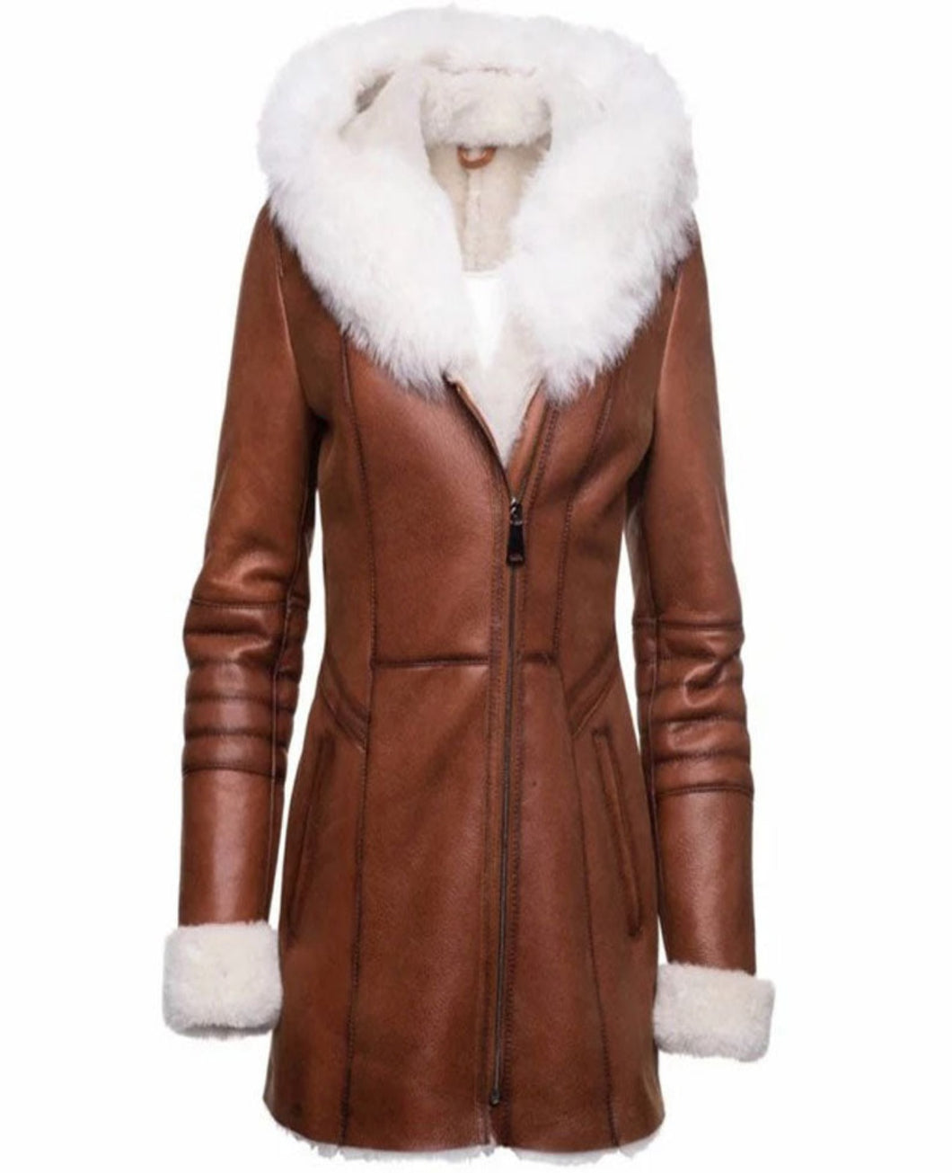 Womens Tan Fur Hooded Shearling Trench Style Leather Coat