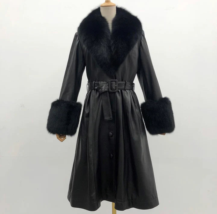 Womens Luxurious Leather Trench Coat With Synthetic Fur