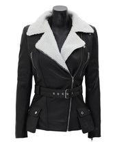 Load image into Gallery viewer, Women&#39;s Black Leather Shearling Moto Jacket
