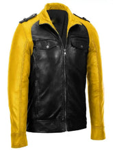 Load image into Gallery viewer, Yellow and Black Motorbike Leather Jacket For Men
