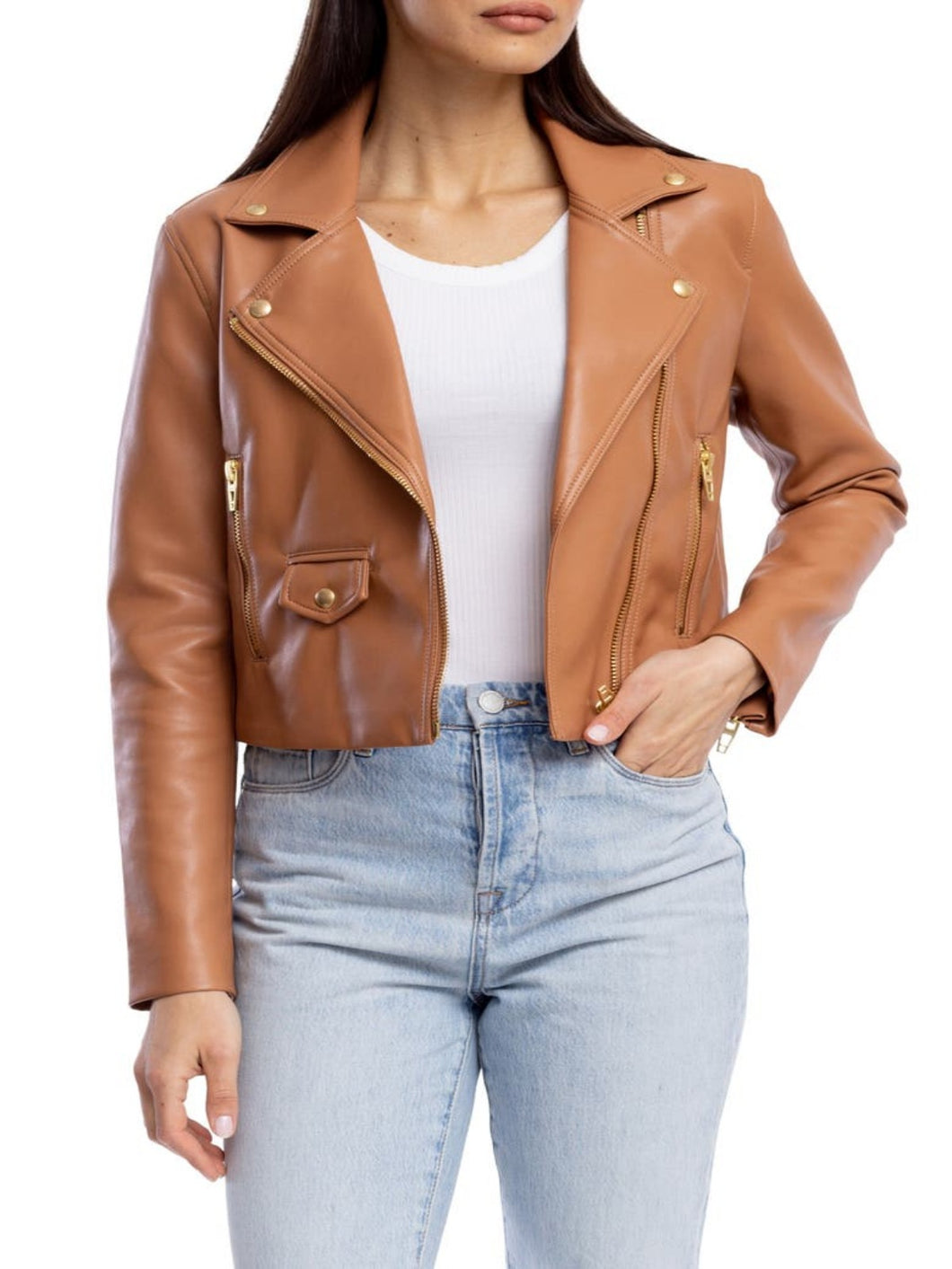 Womens Shiny Brown Leather Moto Jacket
