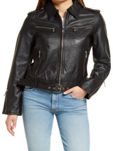 Load image into Gallery viewer, Women&#39;s Black Breasted Leather Moto Jacket
