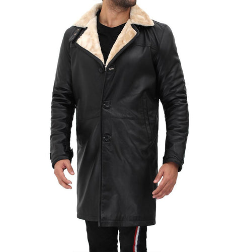 Mens Stylish Black Shearling Leather Trench Coat