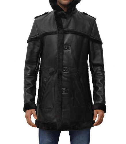 Mens Dark Black Shearling Leather Long Coat