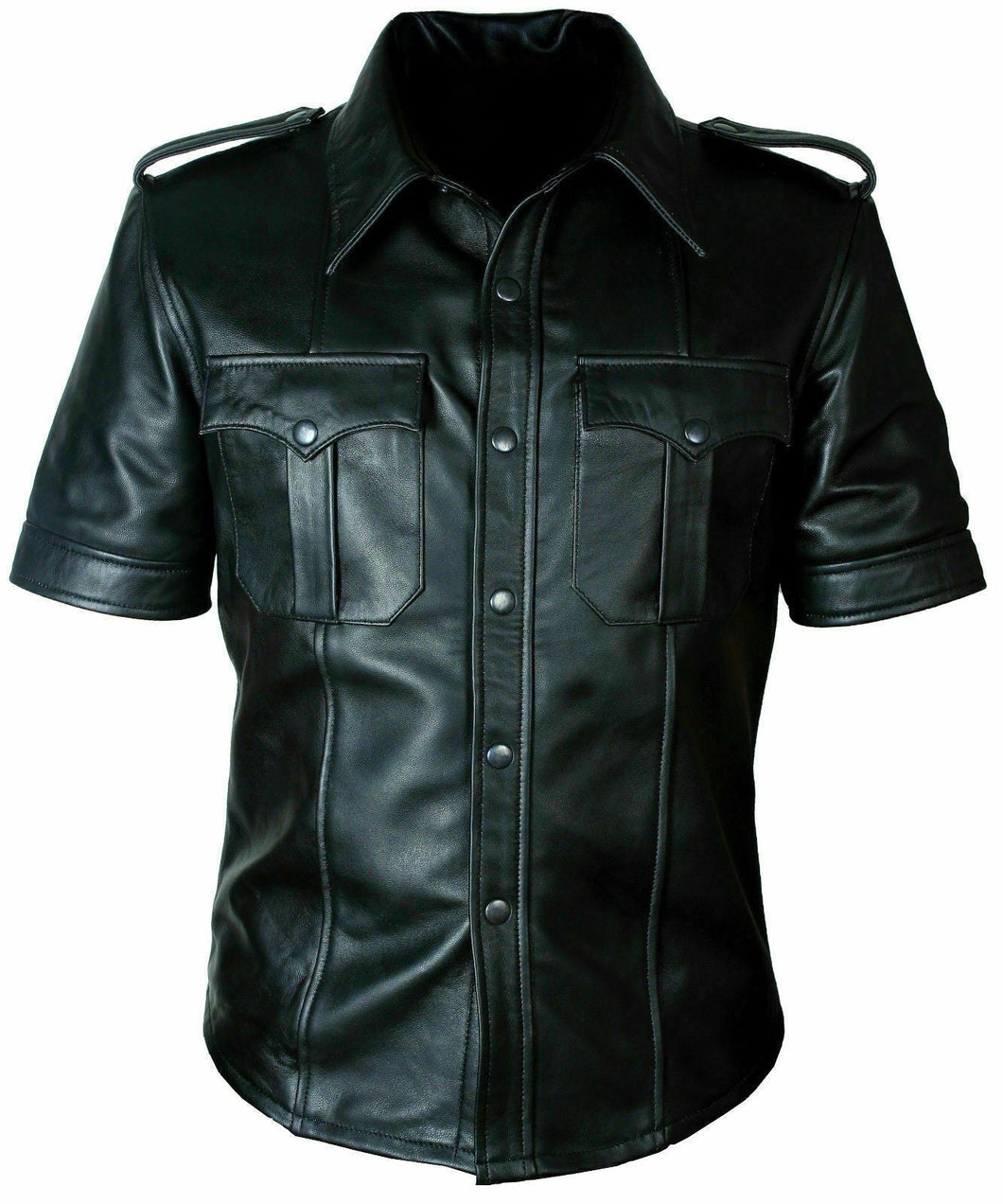 Men's Black Real Leather Short Sleeve Shirt