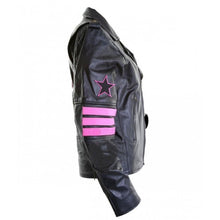 Load image into Gallery viewer, Bret Hart Biker Pink Striped Black Leather Jacket
