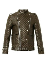 Load image into Gallery viewer, Mens brown quilted leather biker jacket
