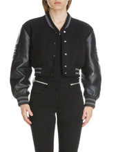 Load image into Gallery viewer, Womens Leather Sleeve Logo Crop Varsity Jacket
