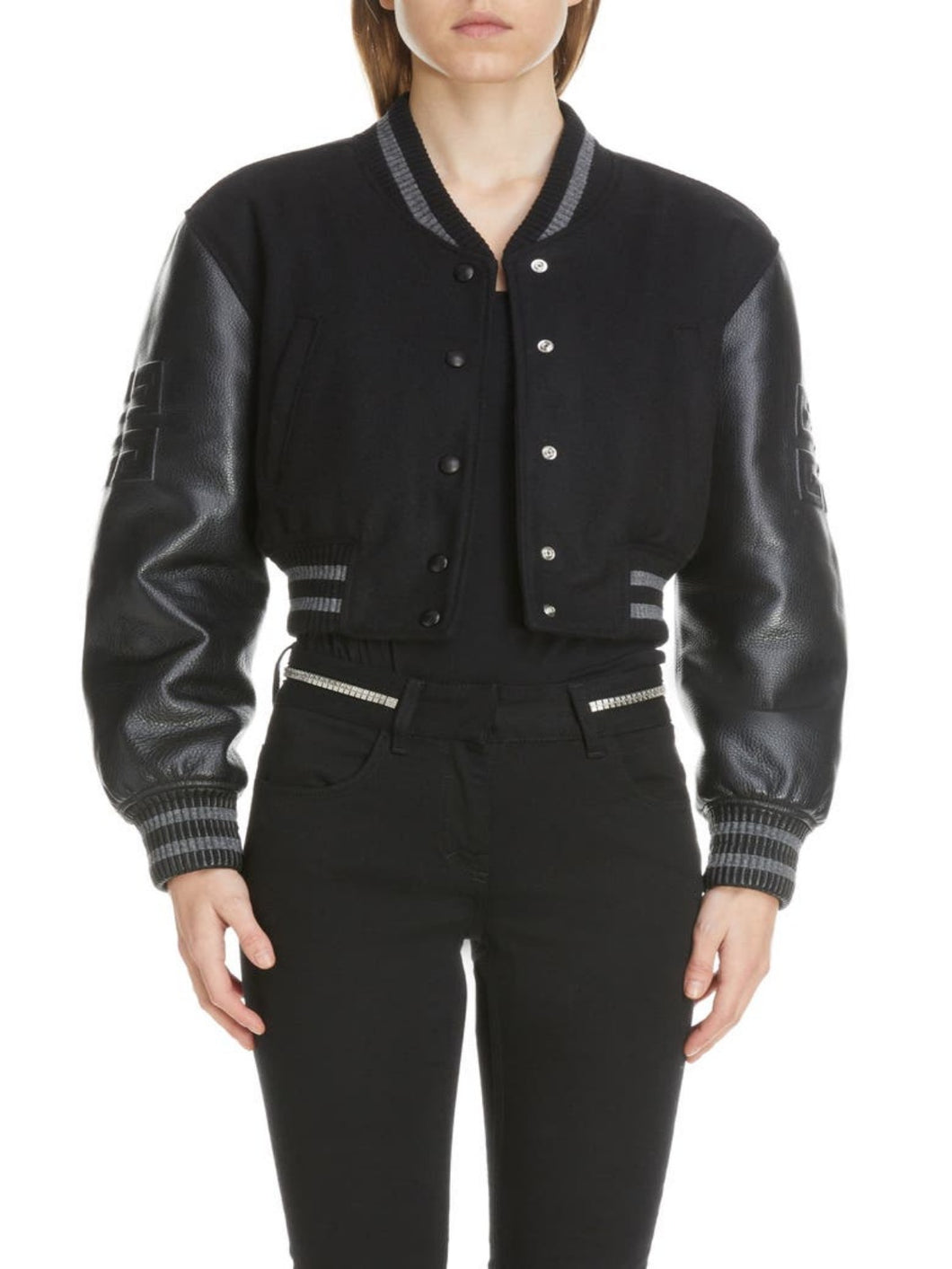 Womens Leather Sleeve Logo Crop Varsity Jacket