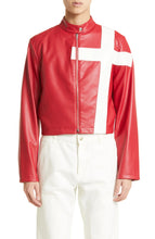 Load image into Gallery viewer, Mens Cross Red Leather Biker Jacket
