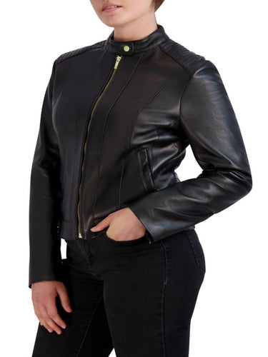 Womens Racer Black Band collar Leather Jacket