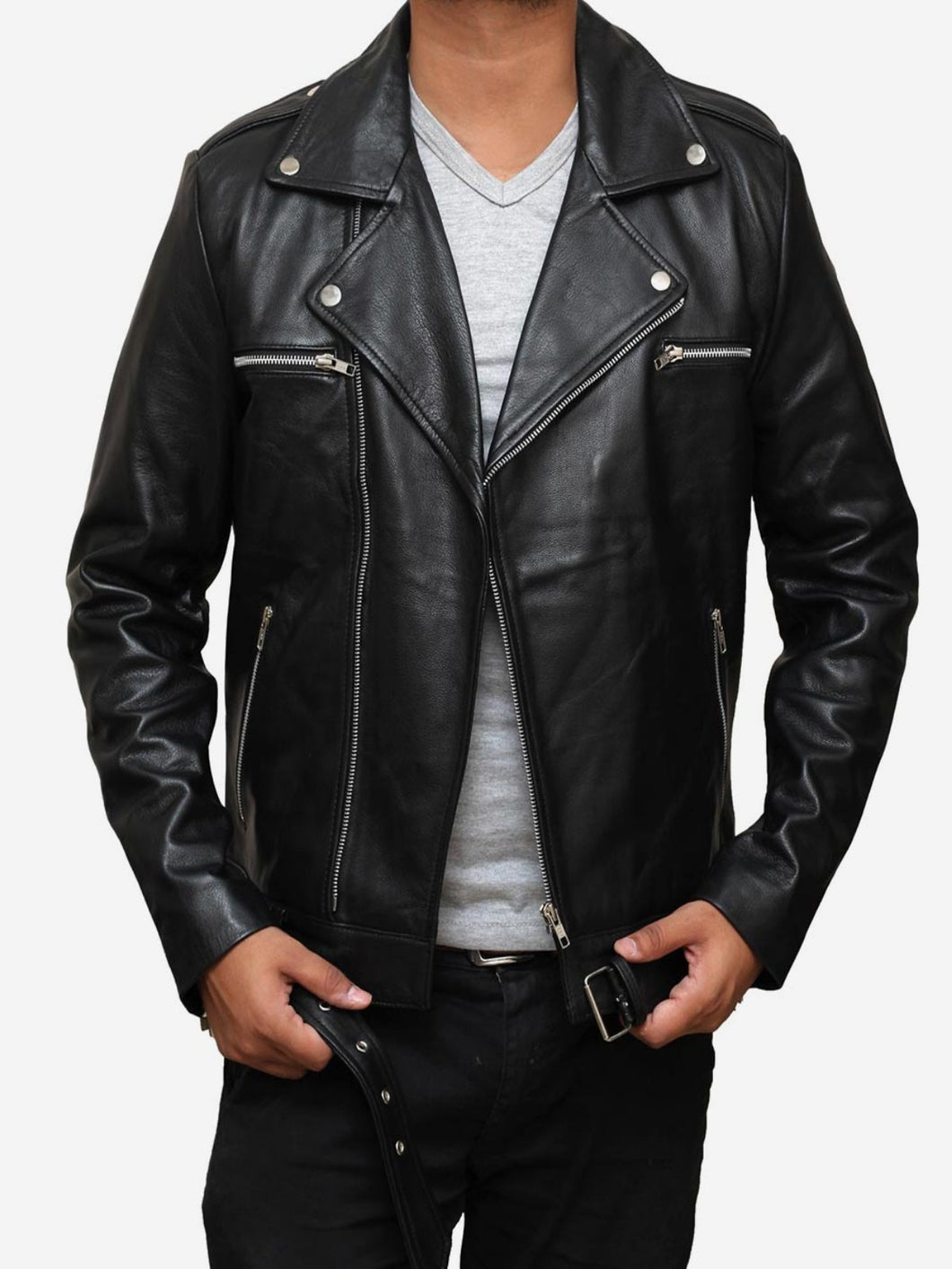 Men Negan Black Asymmetrical Belted Moto Leather Jacket