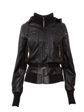 Load image into Gallery viewer, Women Atonix Hooded Black Bomber Leather Jacket
