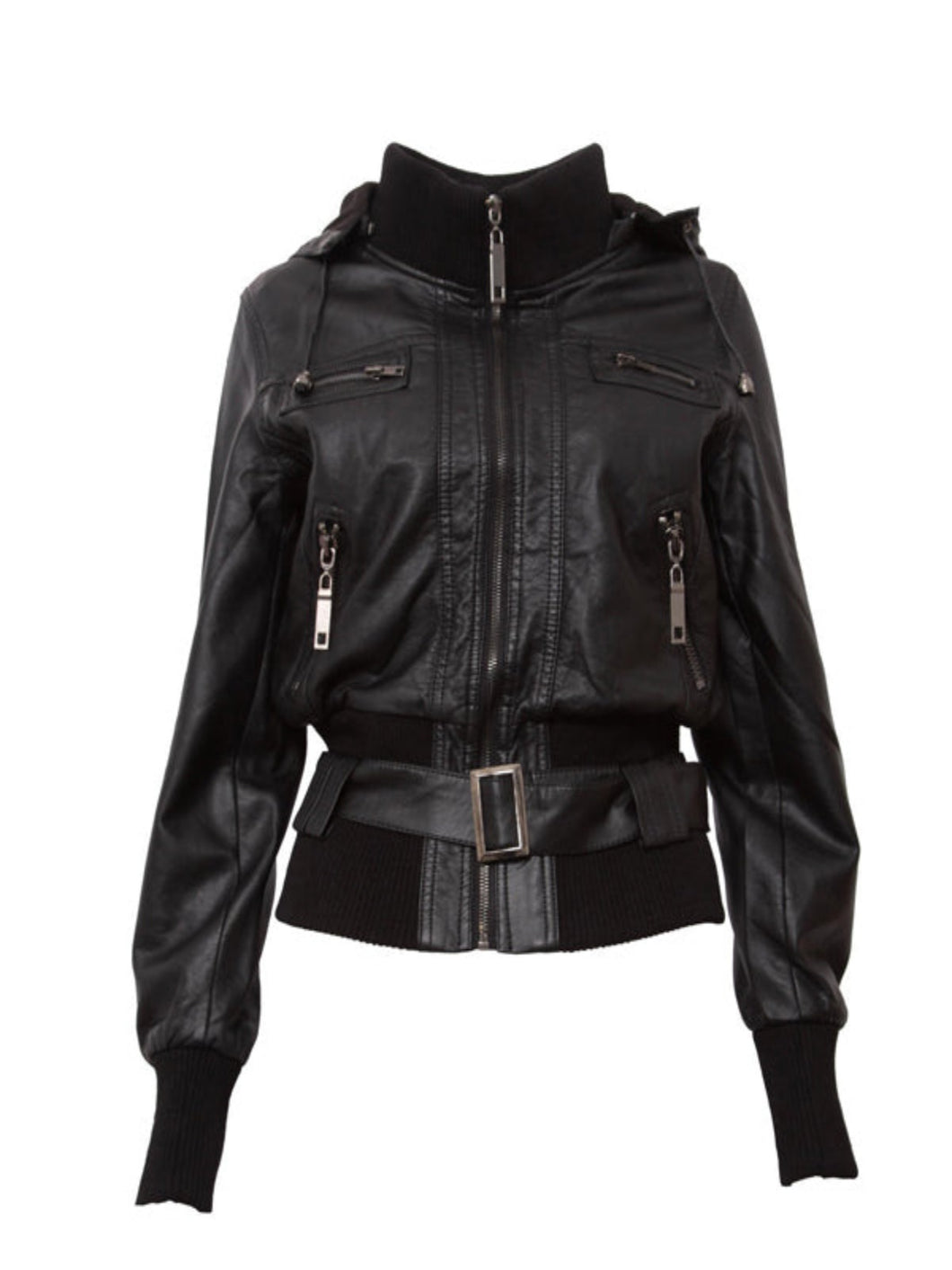 Women Atonix Hooded Black Bomber Leather Jacket
