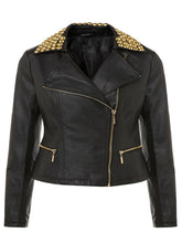 Load image into Gallery viewer, Womens Stylish Studded Black Leather Moto Jacket
