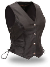 Load image into Gallery viewer, Women&#39;s Braided Black Leather Motorcycle Vest
