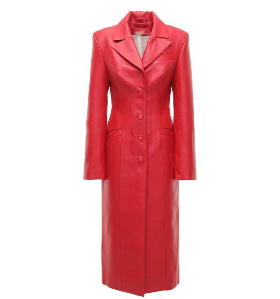 Brand New Glamorous Womens Red Leather Trench Coat