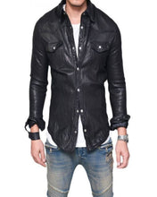 Load image into Gallery viewer, Men&#39;s Black Genuine Leather Slim Fit Shirt
