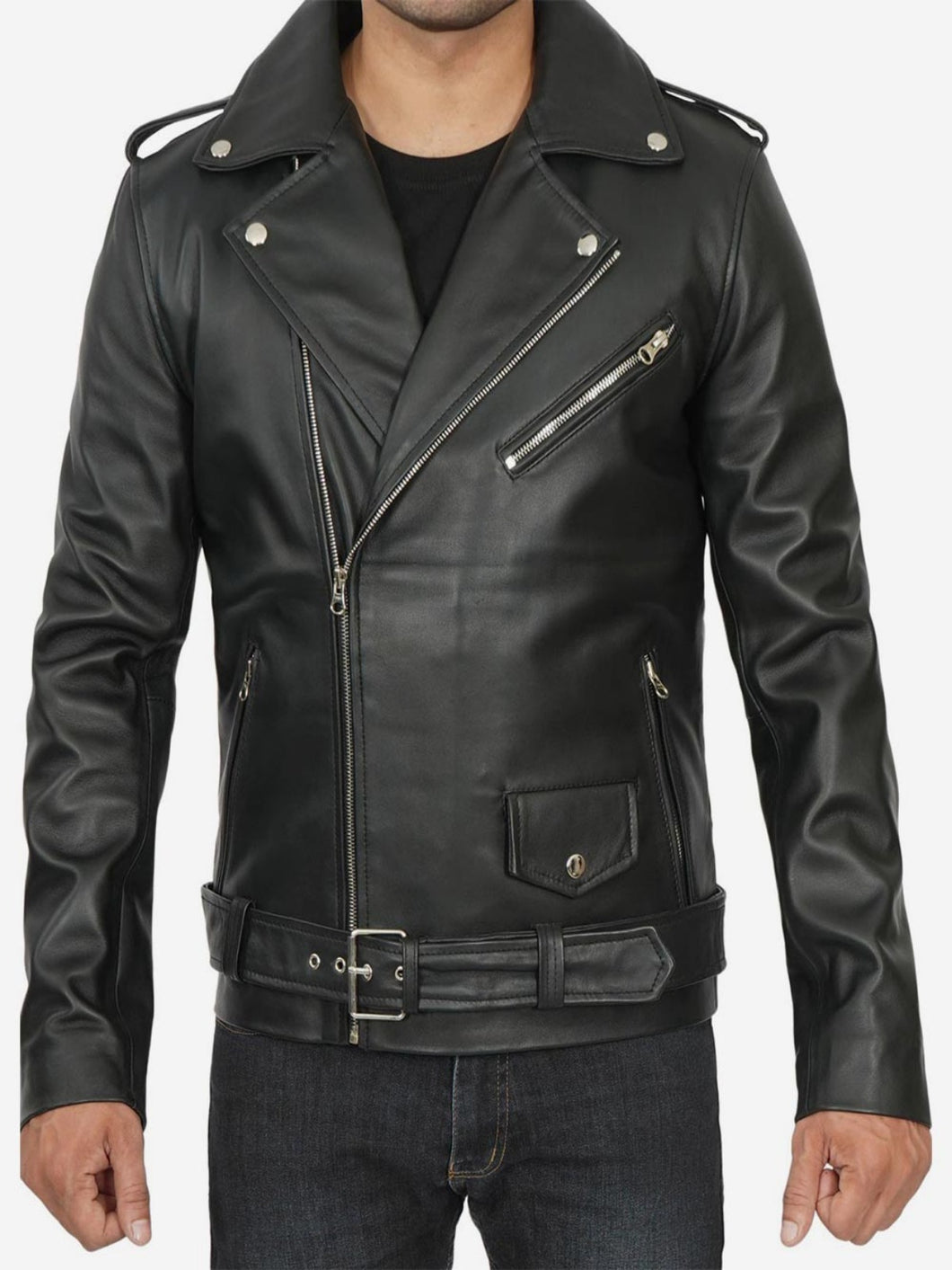 Men Asymmetrical Black Belted Moto Leather Jacket