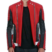 Load image into Gallery viewer, Men&#39;s Quilted Asymmetrical Belted Red Leather Biker Jacket
