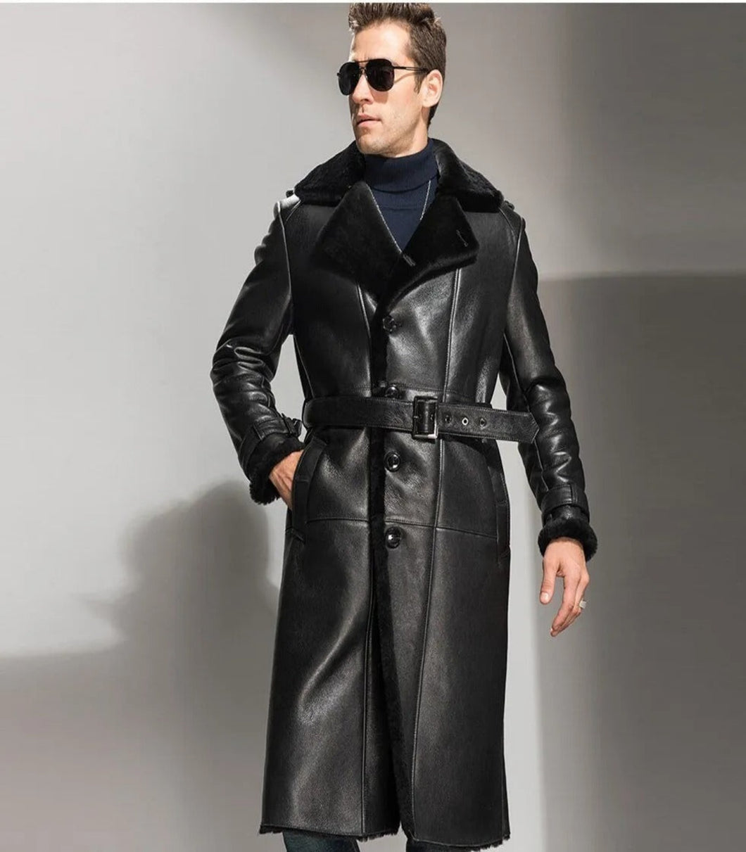 Mens Glamorous Long Black Shearling Leather Coat