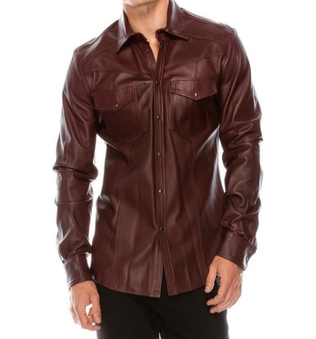 Mens Fashion Wear Real Burgundy Leather Shirt