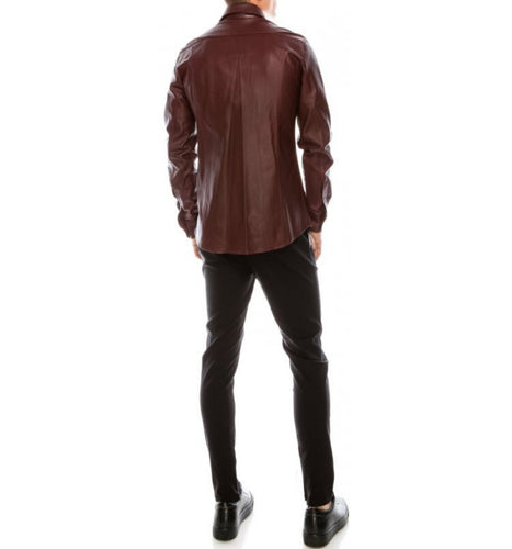 Mens Fashion Wear Real Burgundy Leather Shirt