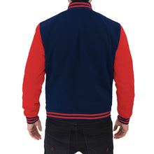 Load image into Gallery viewer, Men&#39;s Stylish Navy Blue and Red Varsity Jacket
