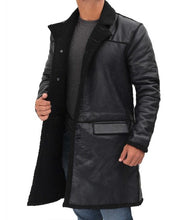Load image into Gallery viewer, Men&#39;s 3/4 Length Black Sherpa Leather Coat
