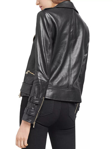 Womens Belted Moto Biker Black Leather Jacket