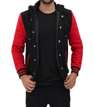 Load image into Gallery viewer, Men&#39;s Baseball Hooded Red and Black Varsity Jacket
